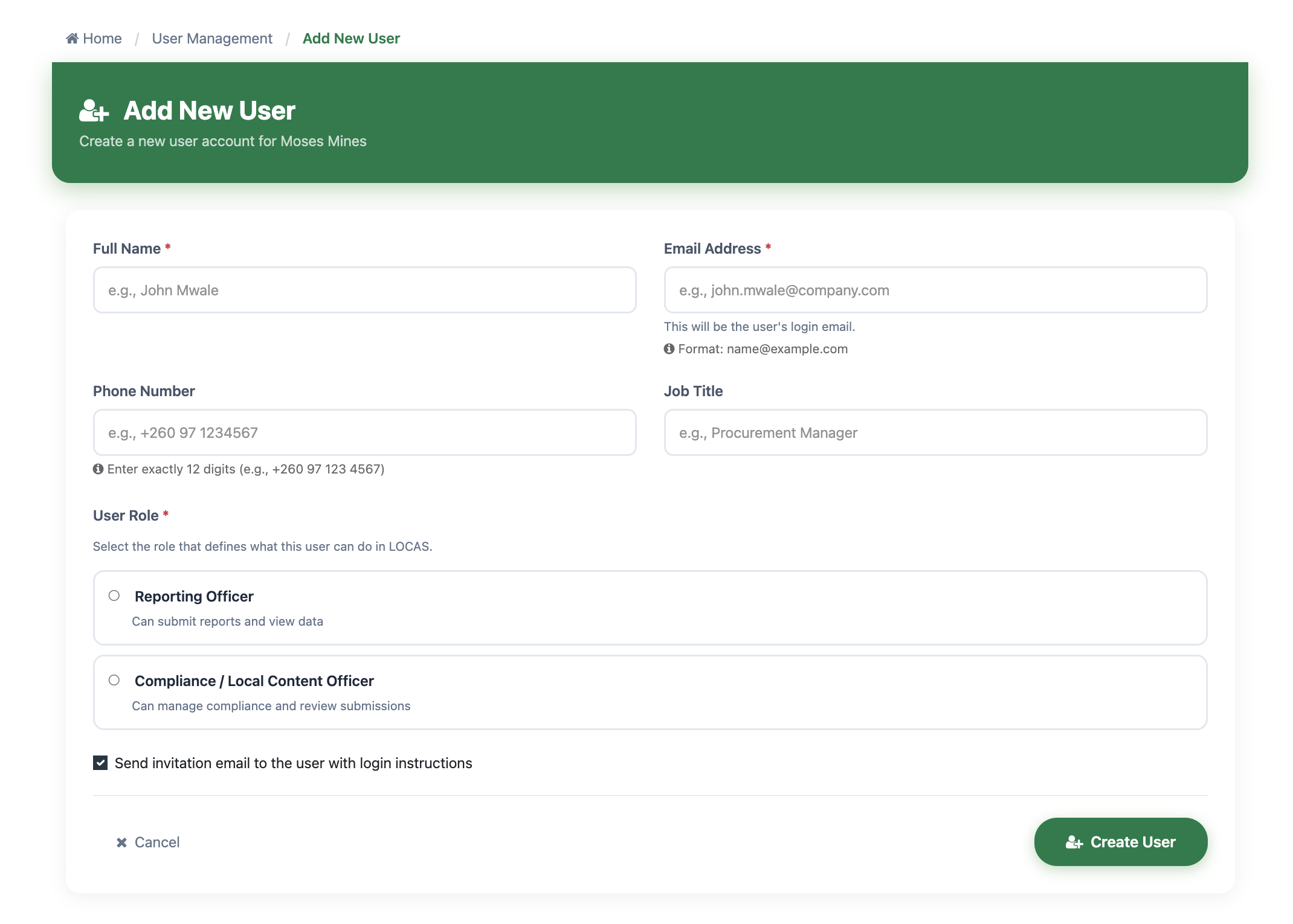 Add New User form