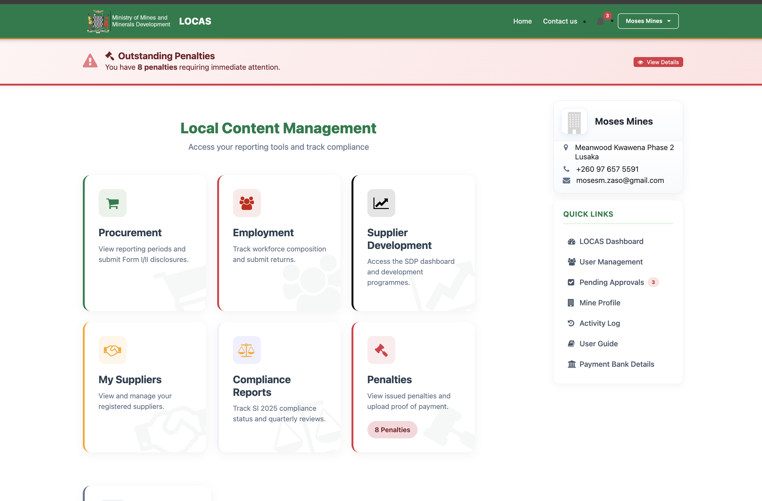 Dashboard showing the Outstanding Penalties banner