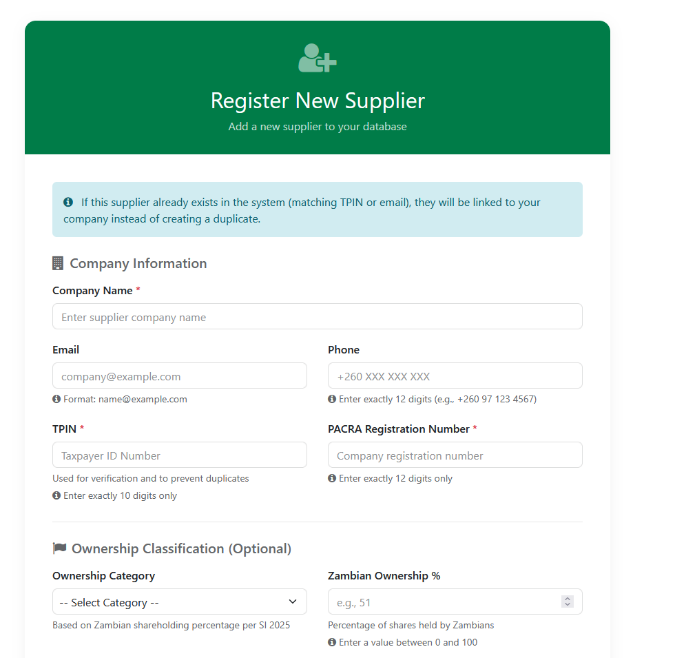 Register New Supplier Form