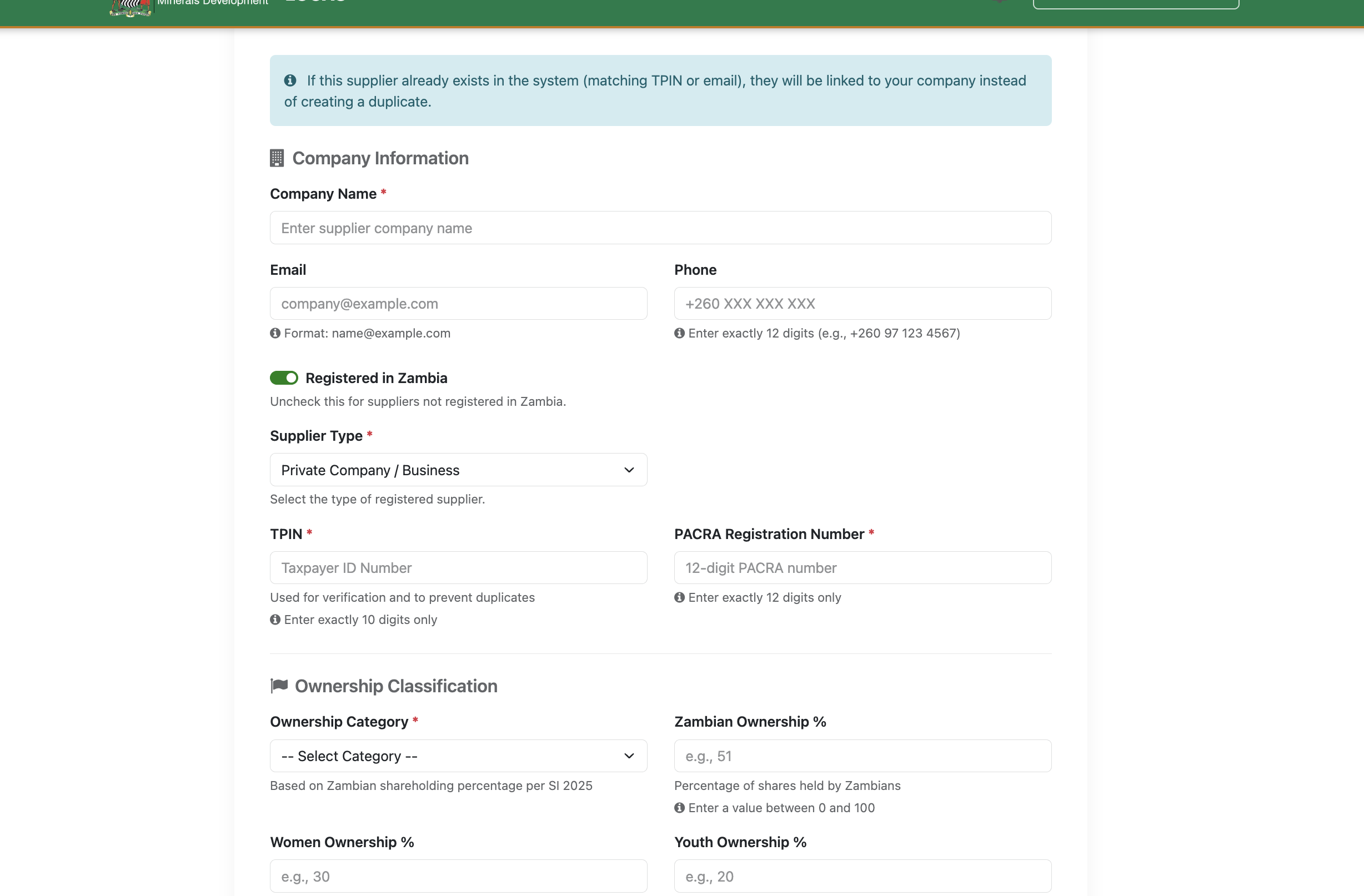 Register Supplier form