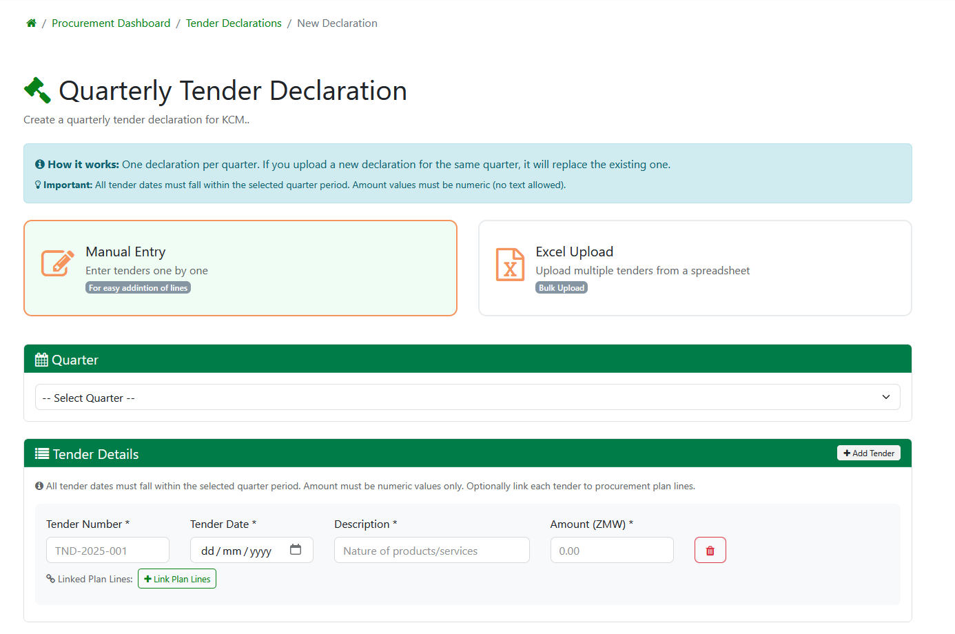 Creating a Tender Declaration
