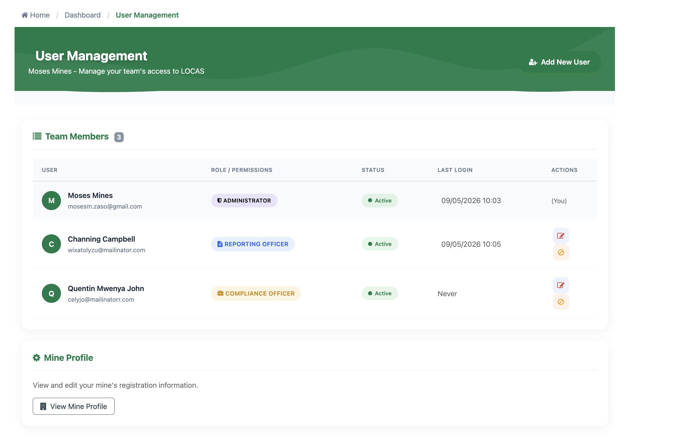 User Management page